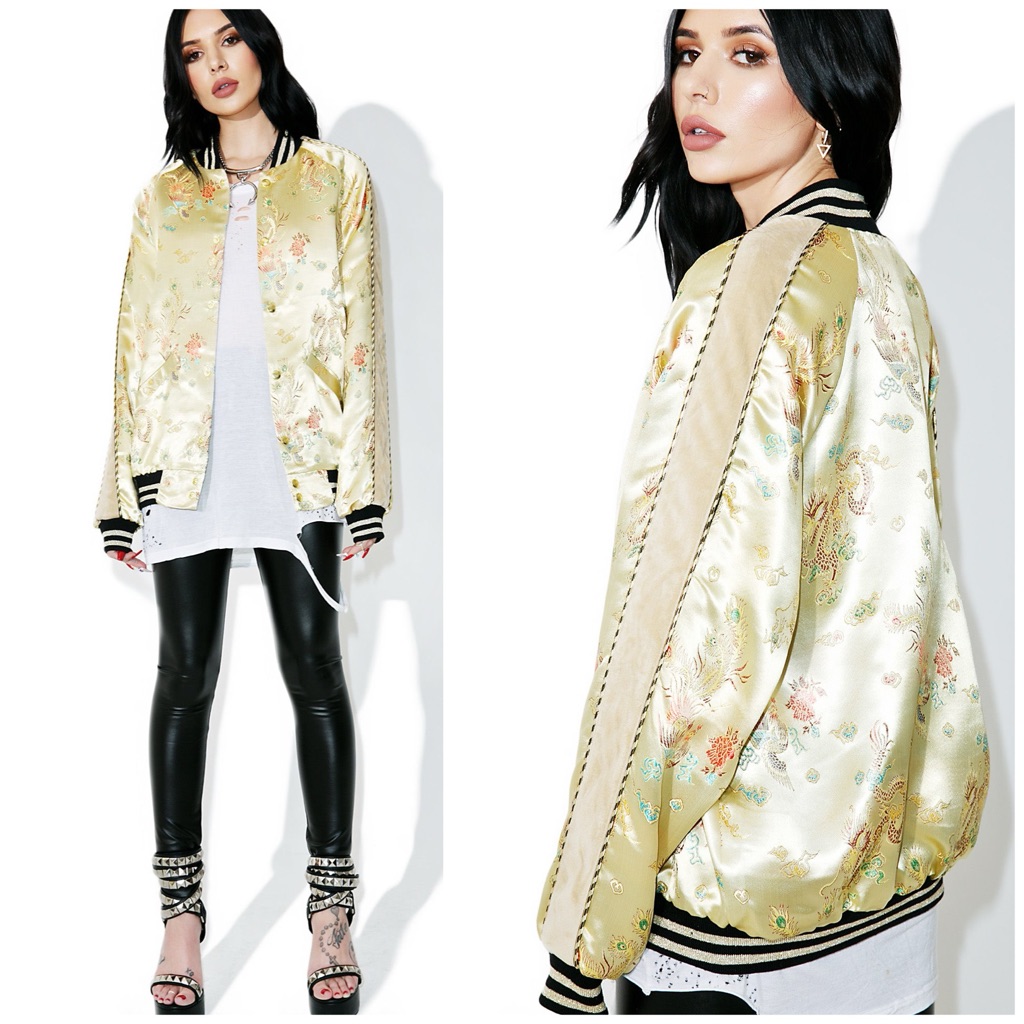 Euc Jaded London Gold Jacquard Oriental Satin Souvenir Bomber Jacket